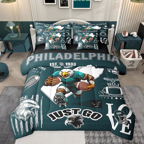 Manfei American Rugby Game 7-Piece Twin Bedding Sets,Football Sport Gamer Bedding Comforter Set,Kids Ball Lover Sheet Sets For Boys Teens,Green White Home Decor Reversible