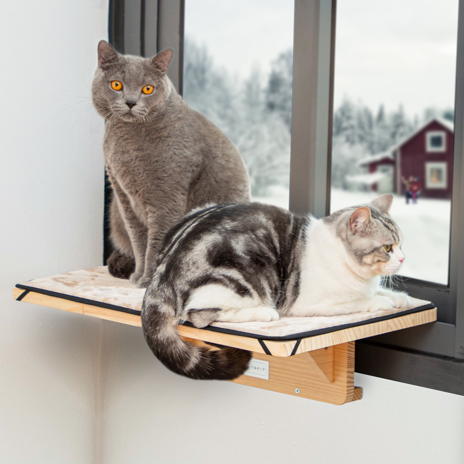 PETSFIT 2 Cats Design Window Perch, Cat Hammock Window Seat with Natural Wood &Removable Fleece Mat for Large Cats, Easy to Adjust&Assemble Cat Bed for Windowsill, Bedside and Drawer