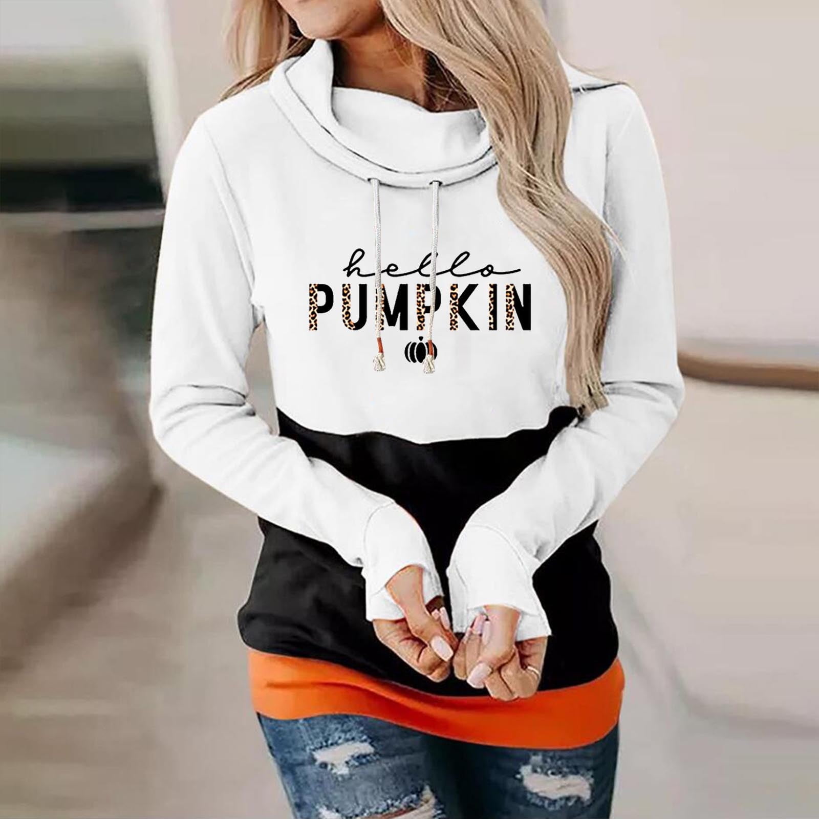 Portazai Halloween Women Sweatshirts Long Sleeve Pumpkin Hoodie Sweatshirt Solid Color Casual Sweater Loose Pullover Top 