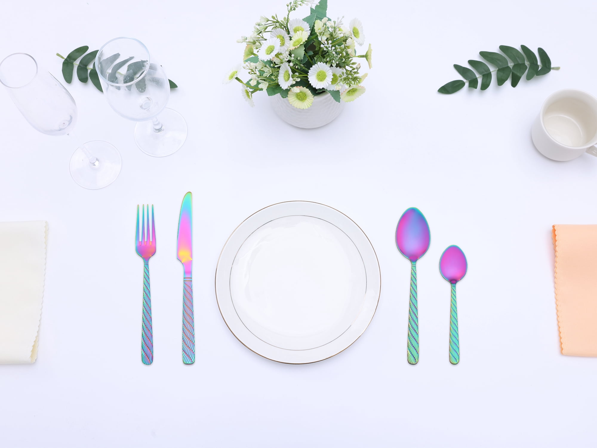 Unique Bargains 4 Piece Stainless Steel Flatware Set with Knife Spoons and Fork Colorful 4