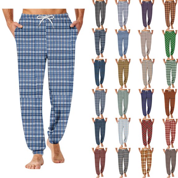 Men's Plaid Pajama Joggers Elastic Drawstring Waist Sleep Pants Casual Loungewear Bottoms with Side Pockets