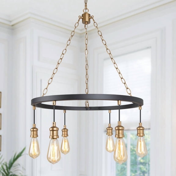 LNC Alakenpa 6-Light Round Chandelier in Matte Black and Painted Gold Finish