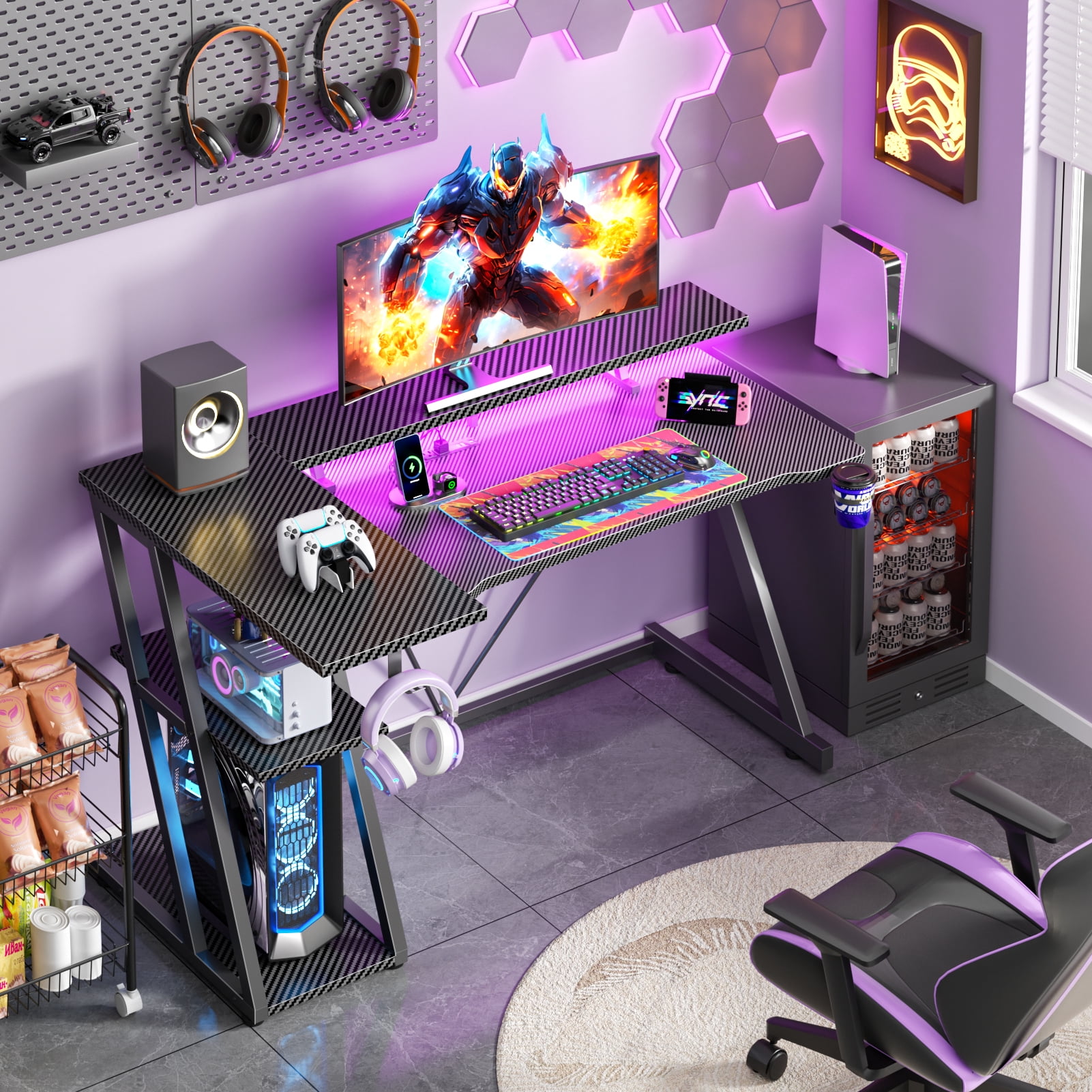 Satifur 47" Pro L-Shaped Gaming Desk Black, RGB LED, Power Hub & Monitor Riser for Ultimate Setup