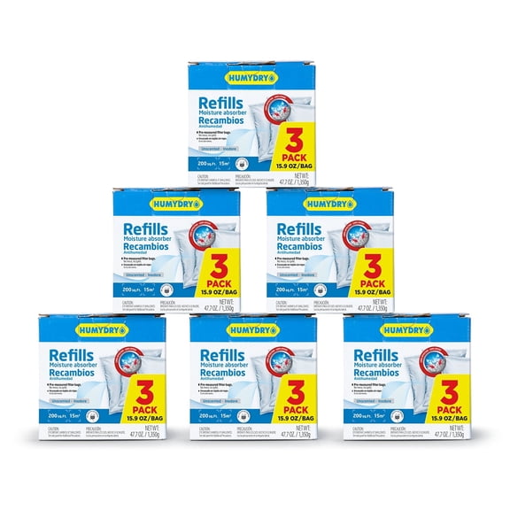 HUMYDRY Moisture Absorber Refills for 15.9 Oz Dehumidifier, 18 Count, 6 Packs of 3 Unscented Humidity Absorber Bags, Pre-Measured Non-Electric Humidity Absorber Refill Bags for Medium Enclosed Spaces