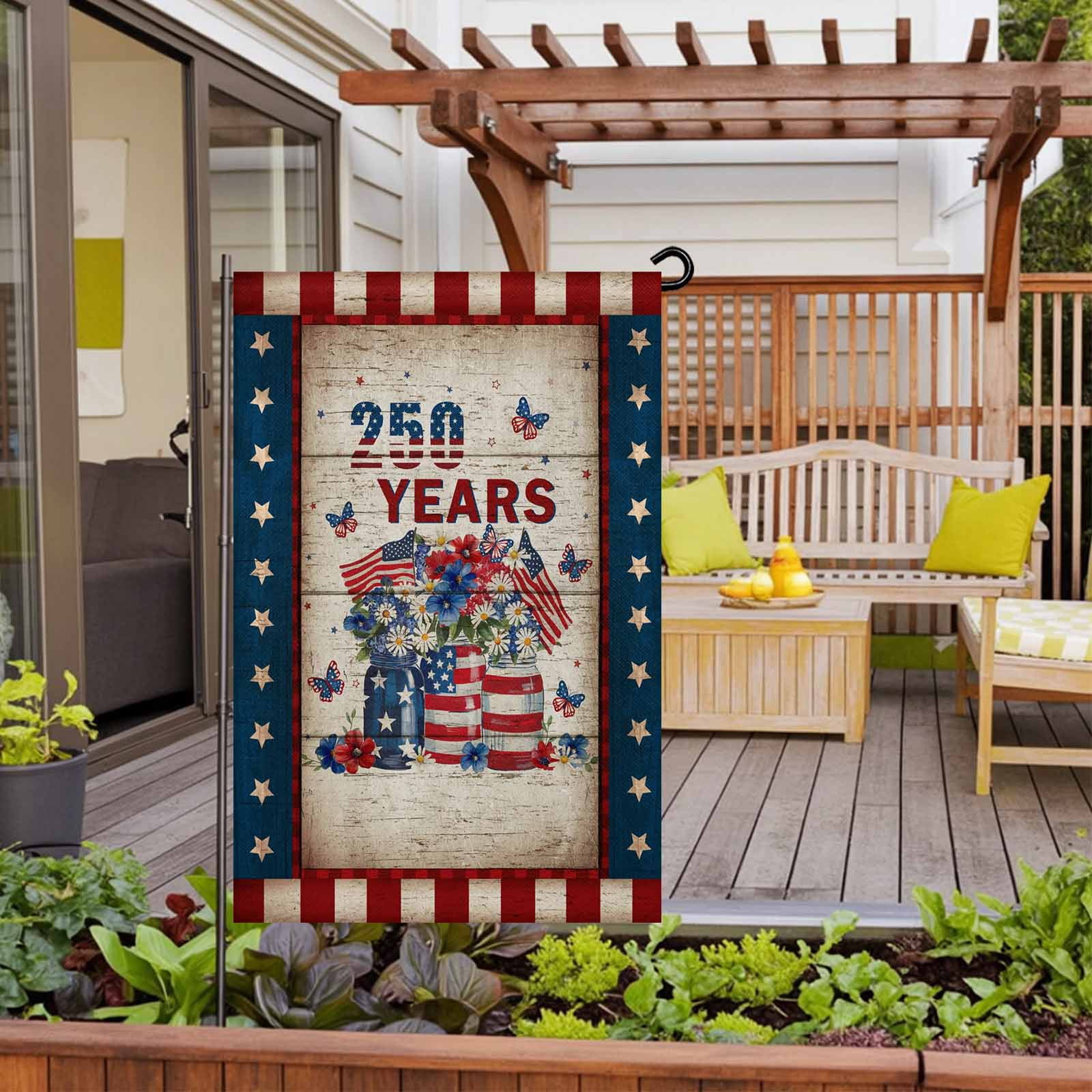 Patriotic 4th of July Garden Flag 28x40 Inch 250 Years Stars Stripe Flag Floral Wooden Double Sided Small Decorative Garden Flags for Outside, Outdoor Yard Porch Lawn Decoration