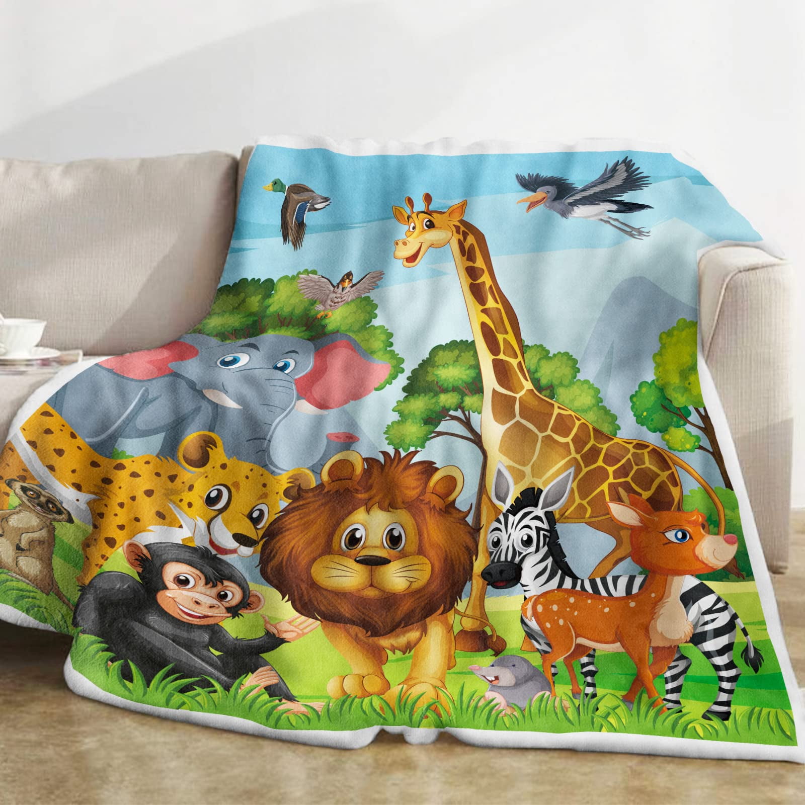 Jungle Animal Throw Blanket, Cozy Flannel Animal Blanket for Kids, Soft Jungle Fleece Blanket with Giraffe Elephant Lion Print, Fuzzy Safari Zoo Blankets for Toddler Child Girl Boy Gift,(30"x40")