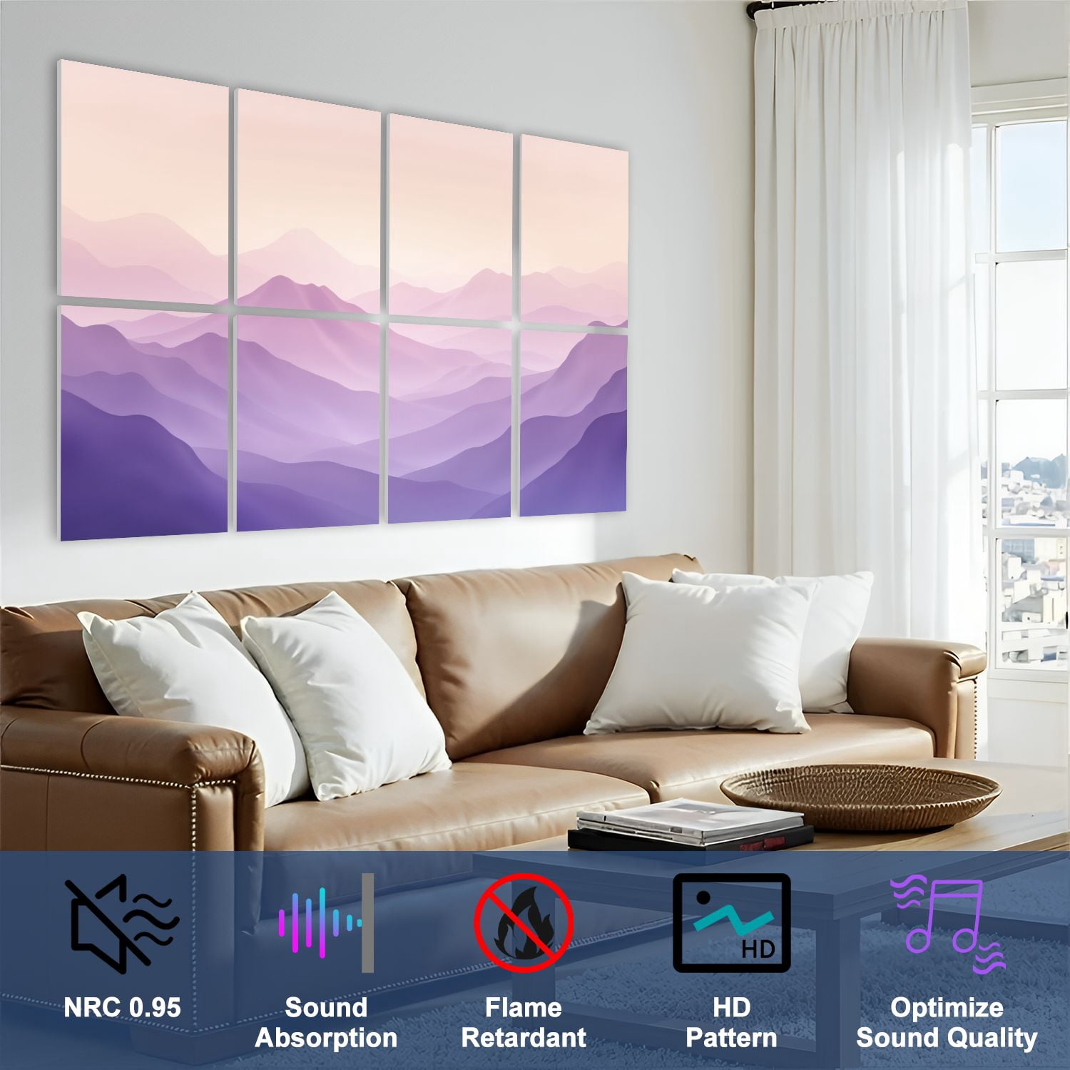 8 Pack Art Acoustic Panels Sound Absorbing Abstract Gradient Landscape Soft Pastel Pink Purple Hills Decorative Soundproof Wall Panels Self Adhesive for Nursery Game Room Bedroom 48"x32"