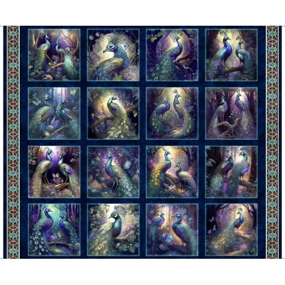Resplendent Peacock Picture Patches Navy Cotton Fabric