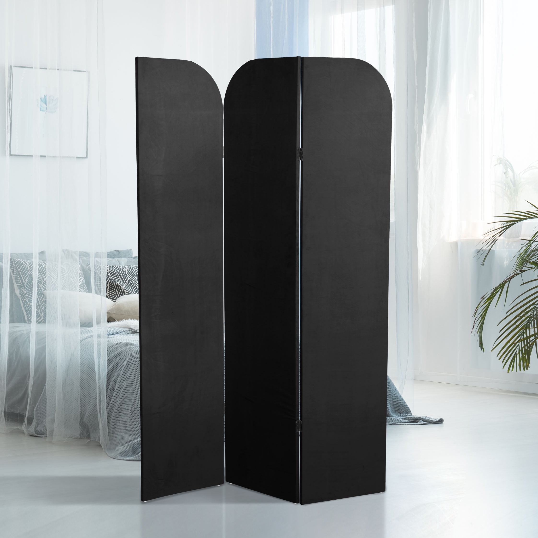 6 ft. Modern Arch Velvet Room Divider Black 3 Panel