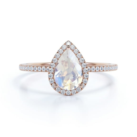 JeenMata 1 Carat Pear Shaped Rainbow Moonstone and Moissanite Halo Antique Wedding Ring in 18k Rose Gold over Silver