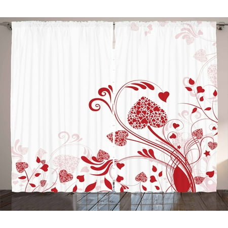 Red Curtains 2 Panels Set Floral Nature Inspired Frame With Heart