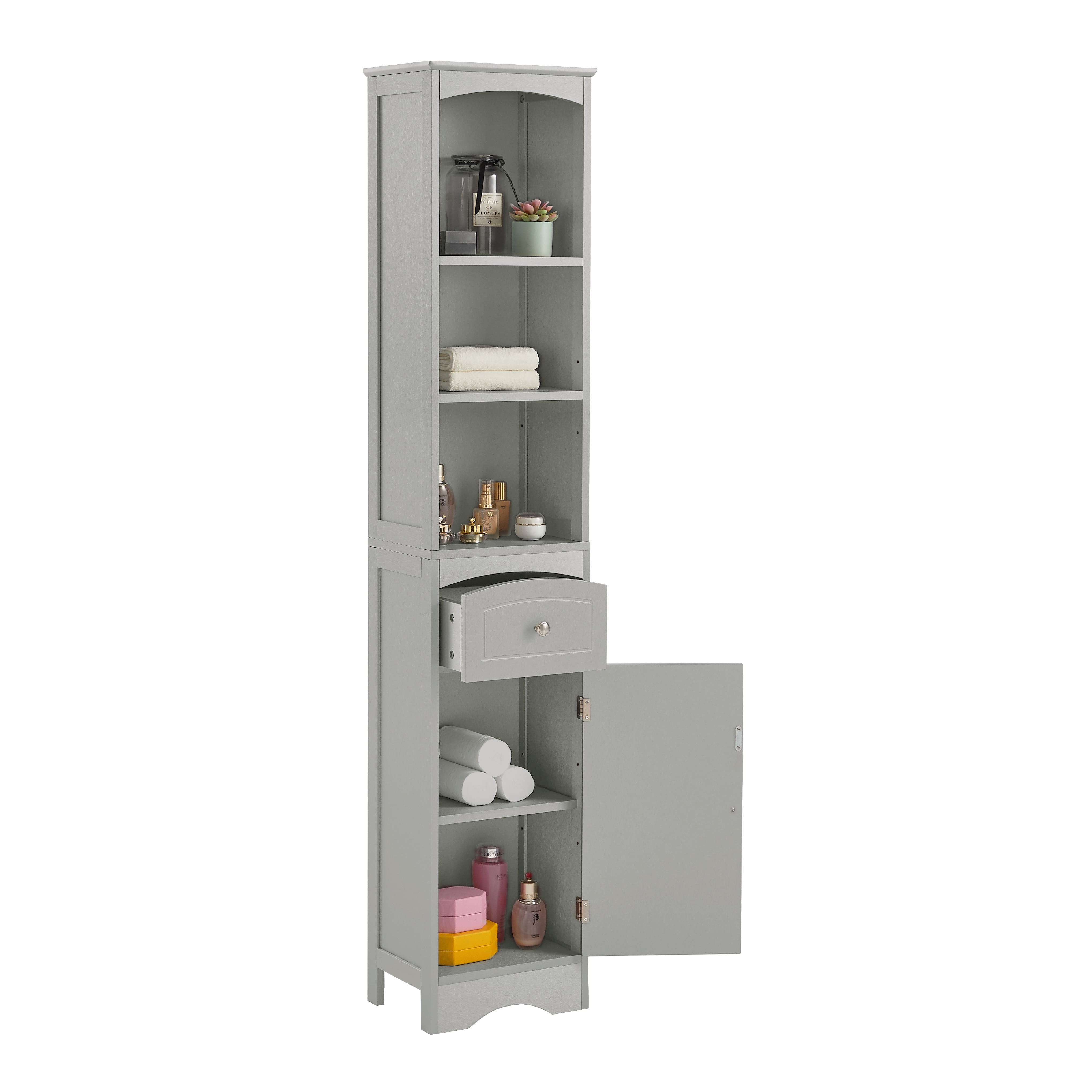 EUROCO Bathroom Storage Cabinet,Wood Linen Cabinet, Narrow Tall Cabinet Storage Tower with Adjustable Shelves,Door and Drawer,Grey