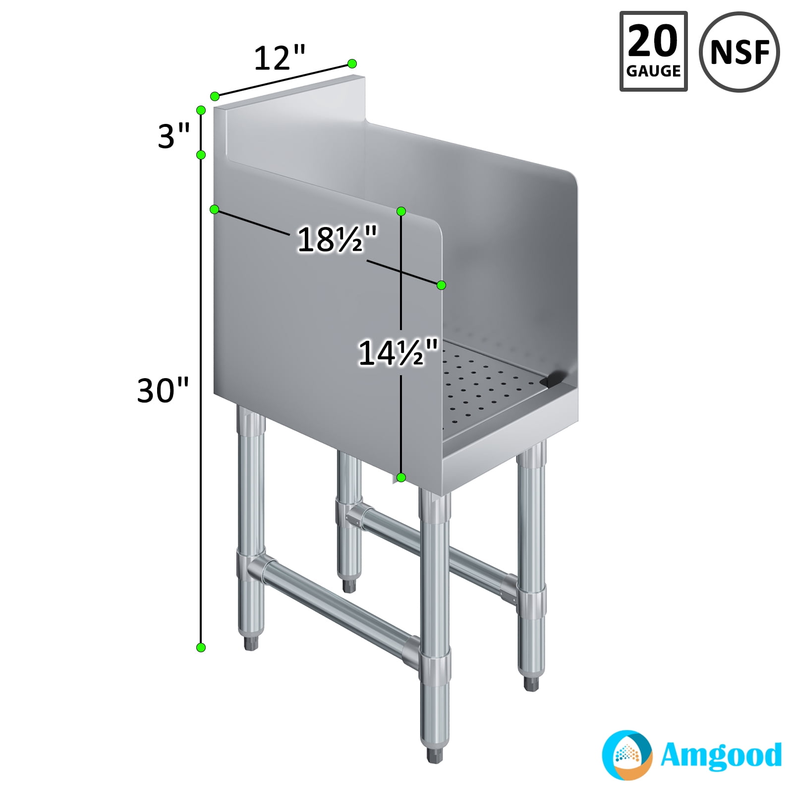 AmGood Recessed Underbar Drainboard – 18.5 in. x 12 in. x 30 in. H with 3 in. Backsplash, Removable Perforated Drainboard, 304 Stainless Steel, Side Splashes, Galvanized Legs, 1.5 in. Drain Included