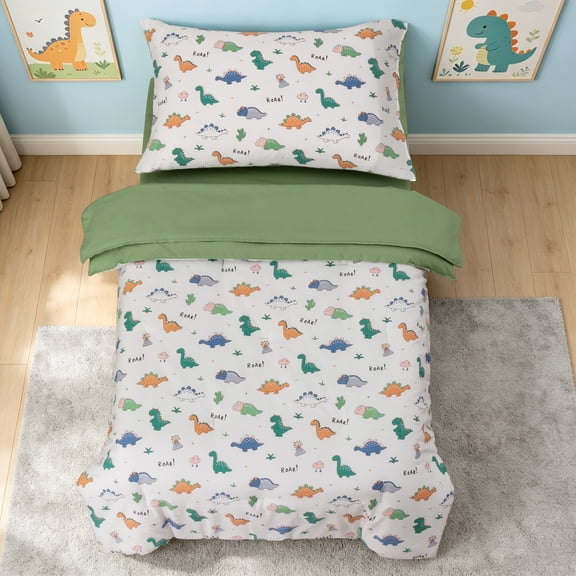 Btargot 4 Piece Dinosaur Toddler Comforter Set Colorful Cartoon Dino Boys Bedding Set