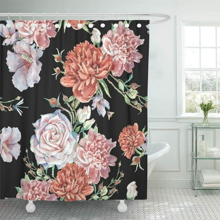 Green And Black Shower Curtain PKNMT Colorful Floral Bright with Cream Roses Pink and Red Peonies and Buds on Black Green Bathroom Shower Curtain 66x72 inch ()