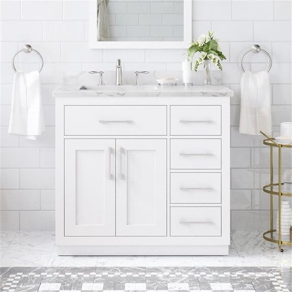 Pemberly Row 36" Bathroom Vanity in White with White Countertop