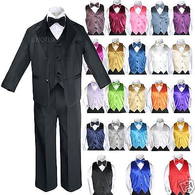 6pc Baby Toddler Formal Wedding Black Tuxedos Boys Suits 23 Color Bow Tie S-4T 