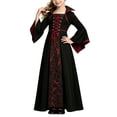 thumbnail image 4 of Gpaecead Girls Medieval Gothic Vampire Costume Dress Black Red Lace Up Bell Sleeve Gown for Theme Party Burgundy, 4 of 8