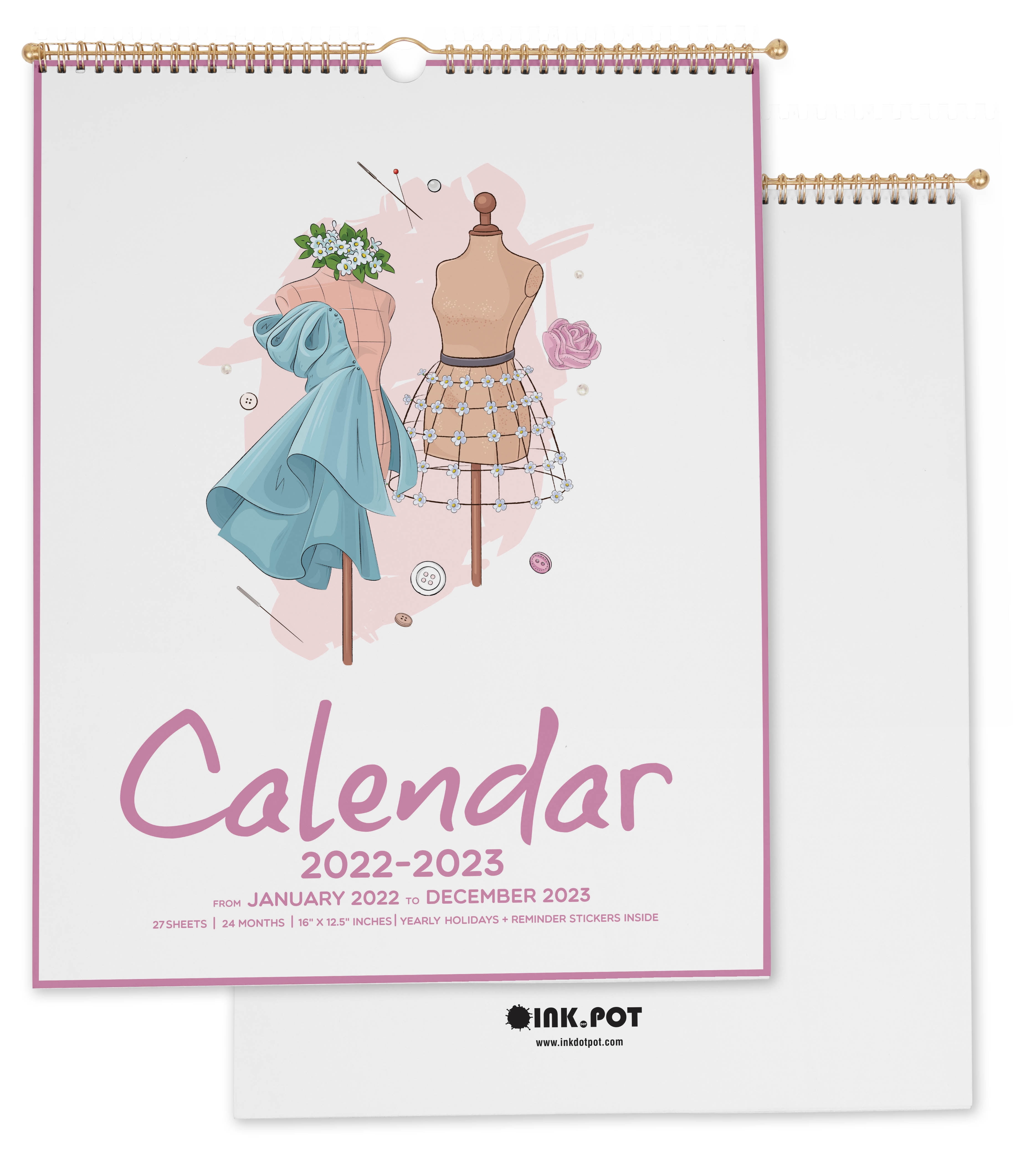 Inkdotpot16"x12.5"WallCalendar- Runs until December 2023Hanging Spiral Bound MonthlyCalendar2022-2023 for Home or Office+ Bonus Sticker Sheet -Fashion