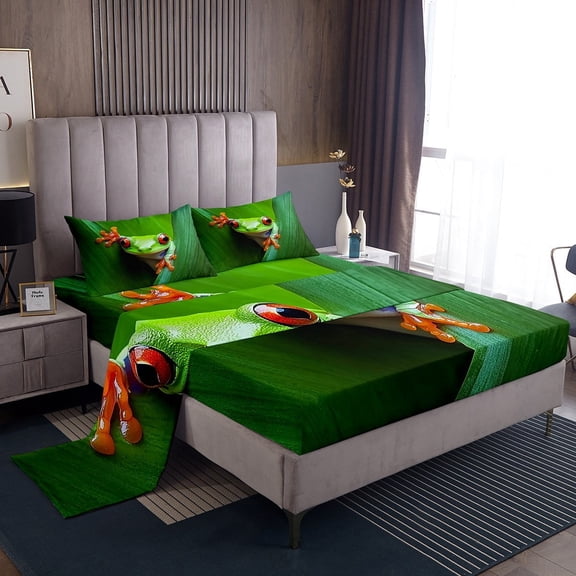 Erosebridal Woodland Frog Bed Sheets Set Full Size, Jungle Wildlife Bed Sheets Full, Green 4-Piece