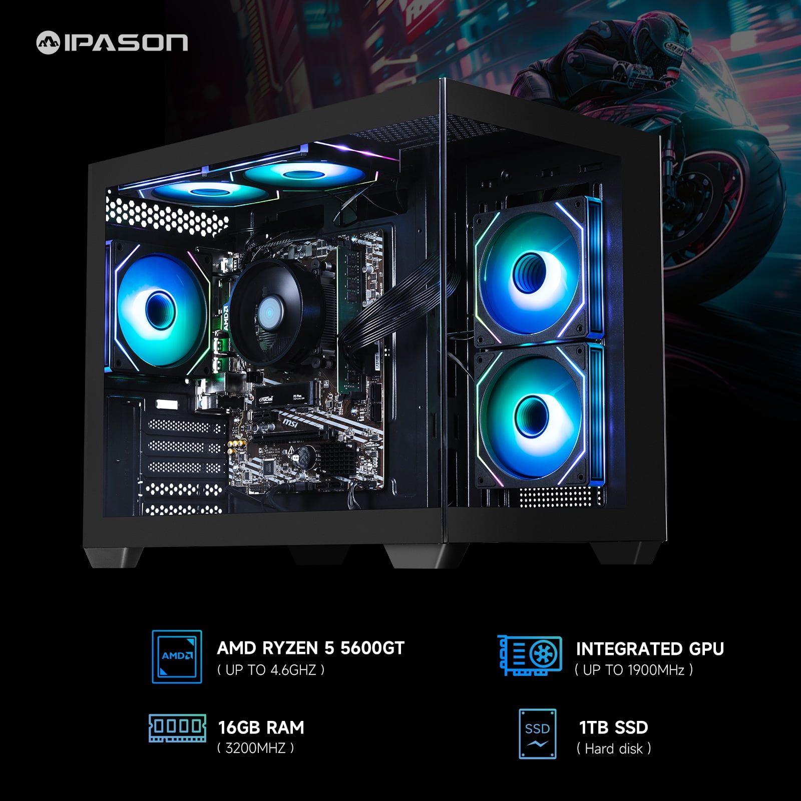 IPASON Gaming Desktop AMD Ryzen 5 5600GT, Radeon Vega 7