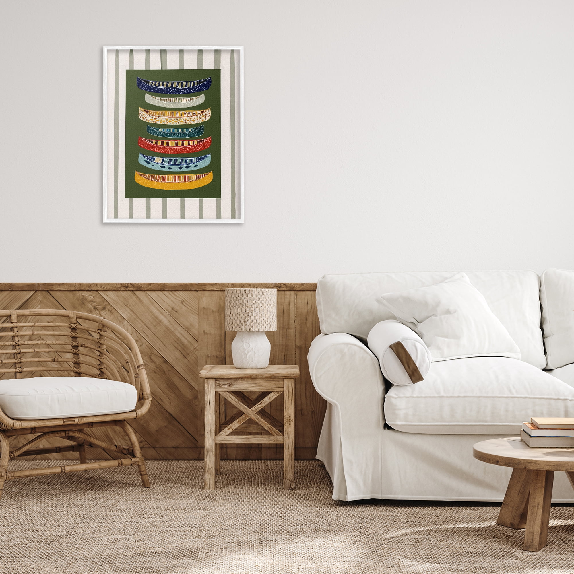 Stupell Industries Patterned Canoes over Stripes White Framed Giclee Art, design by Yen