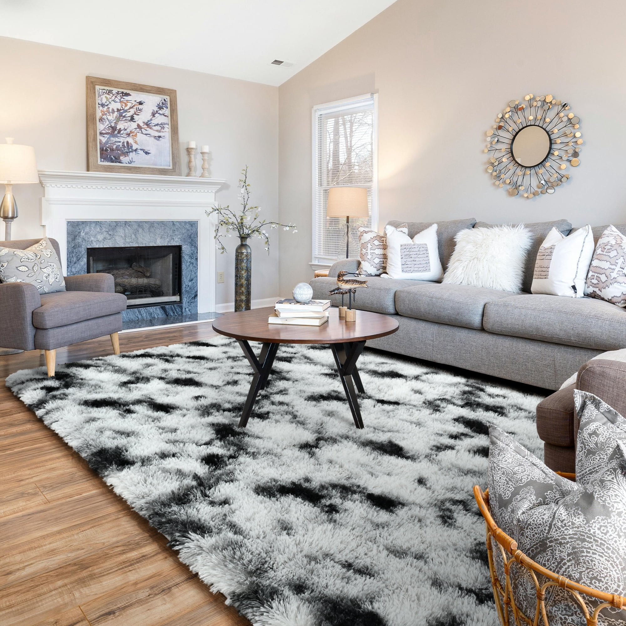 Cydiria Modern Soft Fuzzy Black and White Print Shag Area Rug Fluffy Carpet for Living Room, 6' x 9'