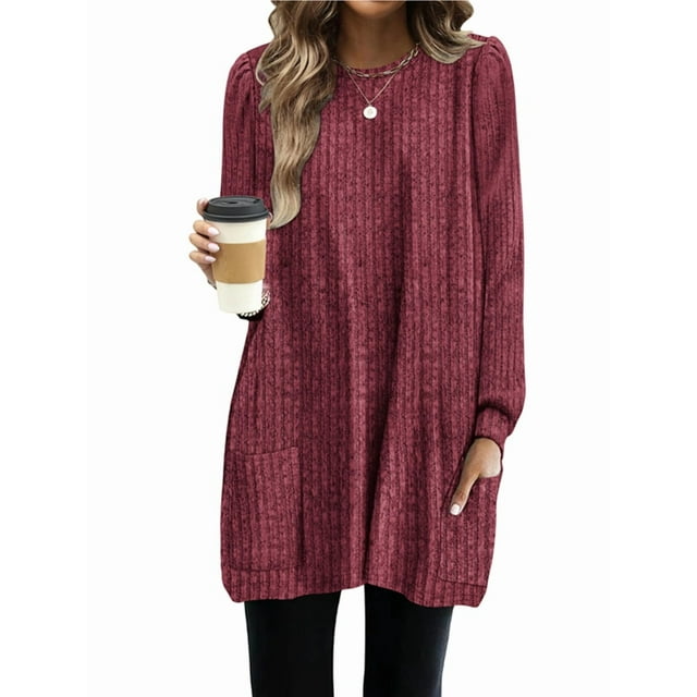 Long Sleeve Shirts for Women Long Sweaters with Pockets Tunic Tops Loose Fit Rouge S