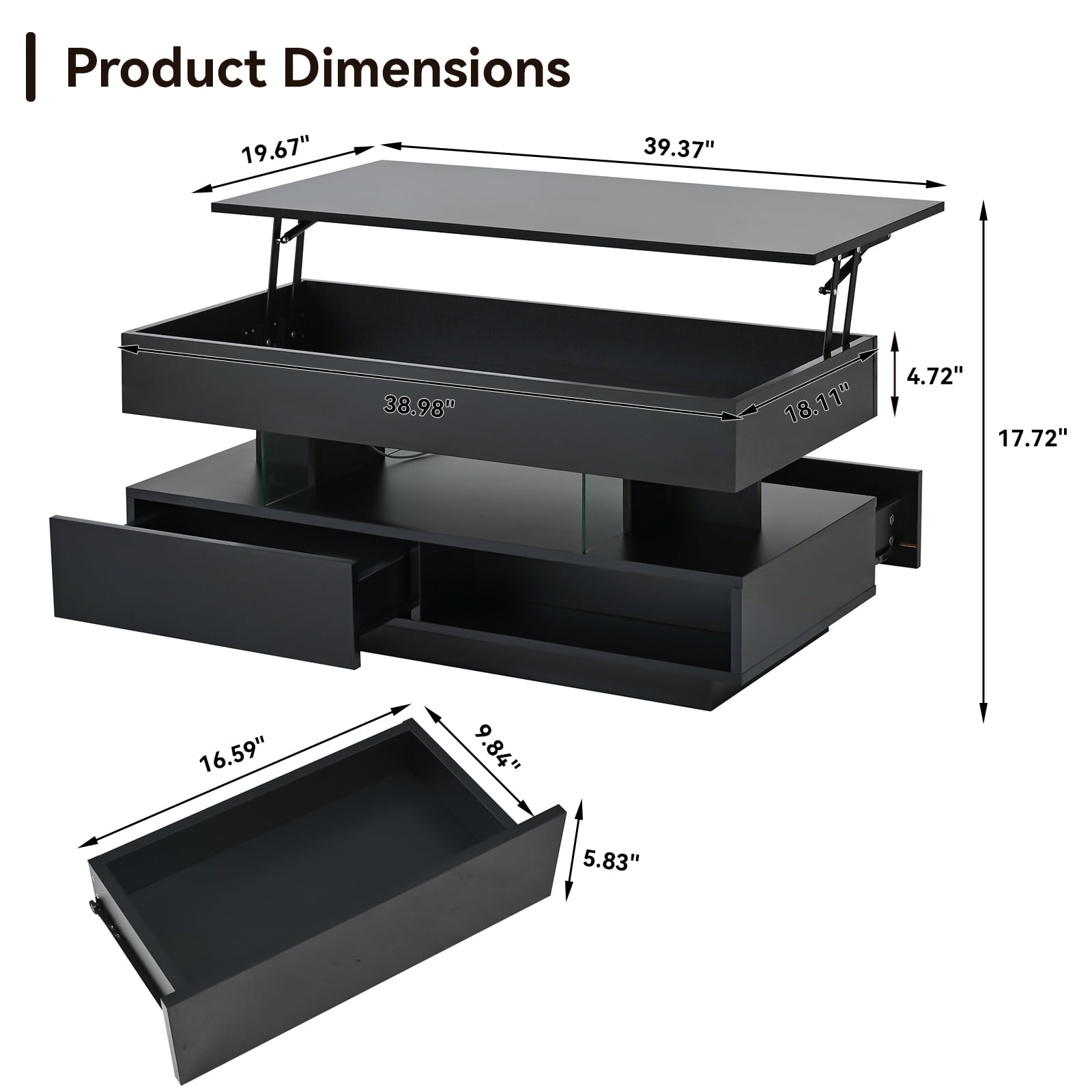 BaPiPro 39.3" Lift Top Coffee Table with LED Lighting, Hidden Compartment, 2 Storage Drawers, Adjustable Height, Black