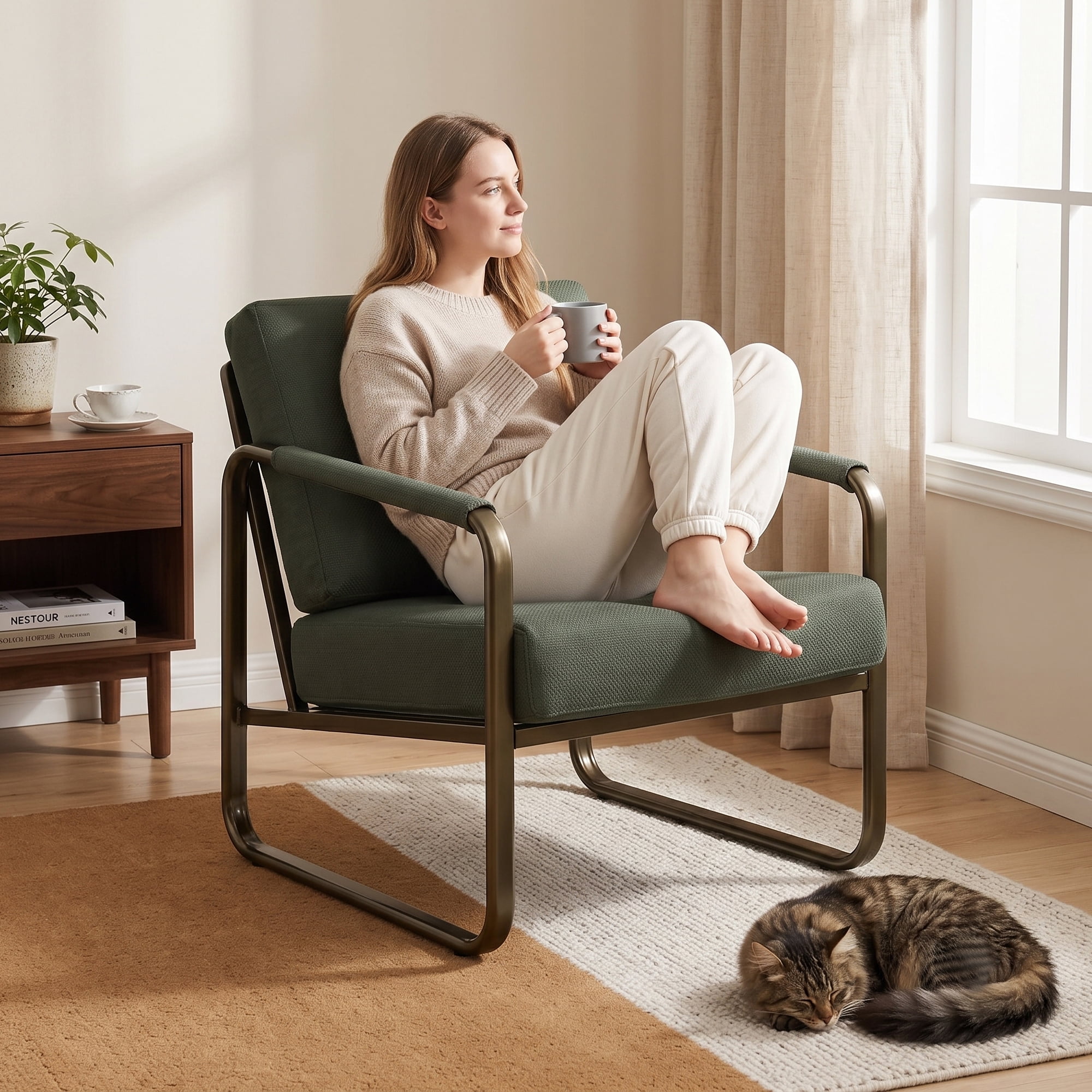 Prilinex Mid-Century Accent Chairs Set of 2, Metal Framed Armchair with Wide Cushion & Backrest, Fabric Living Room Chair for Bedroom Waiting Room, Dark Green