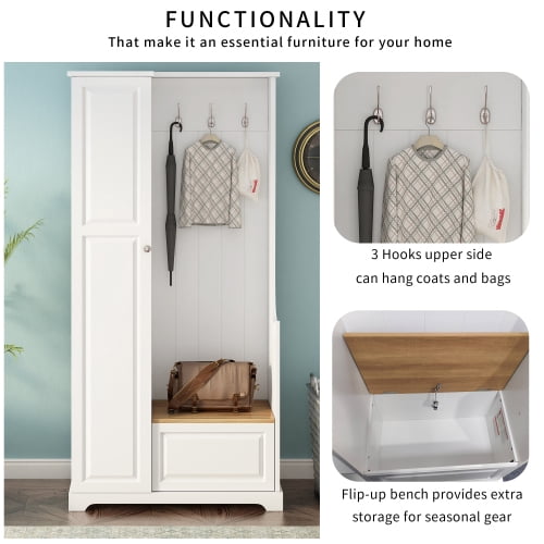 Hall Tree with Flip-Up Bench and Shoe Cabinet, Adjustable Shelves, Hooks, Entryway Mudroom Furniture, White