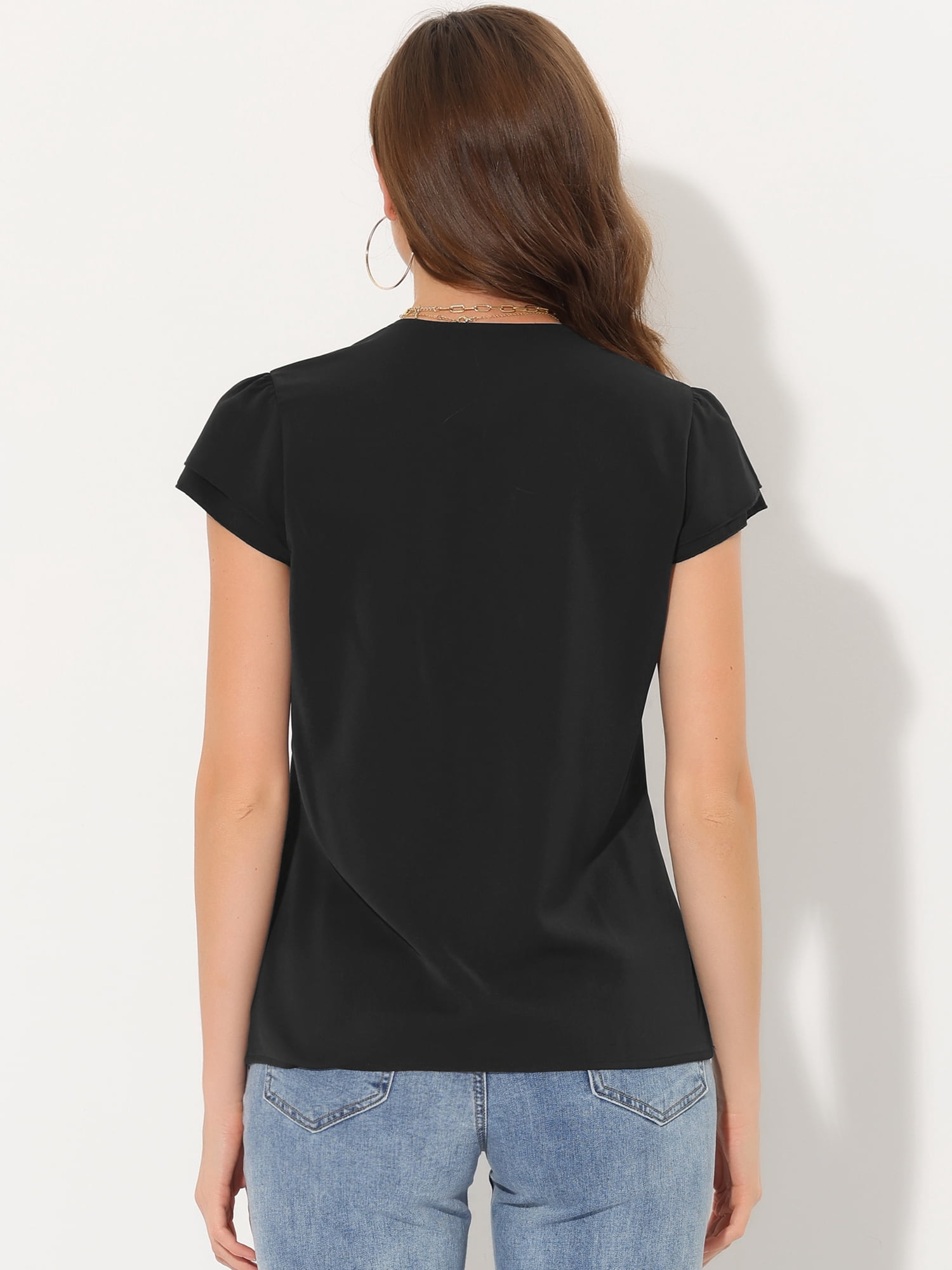 Unique Bargains Women's Summer Office Tops V-Neck Solid Color Chiffon Blouse M Black