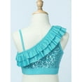 thumbnail image 4 of TiaoBug Kids Girls Asymmetrical Ruffled Sequin Performance Crop Tops Modern Jazz Hip Hop One Shoulder Dance Top Blue 10, 4 of 7