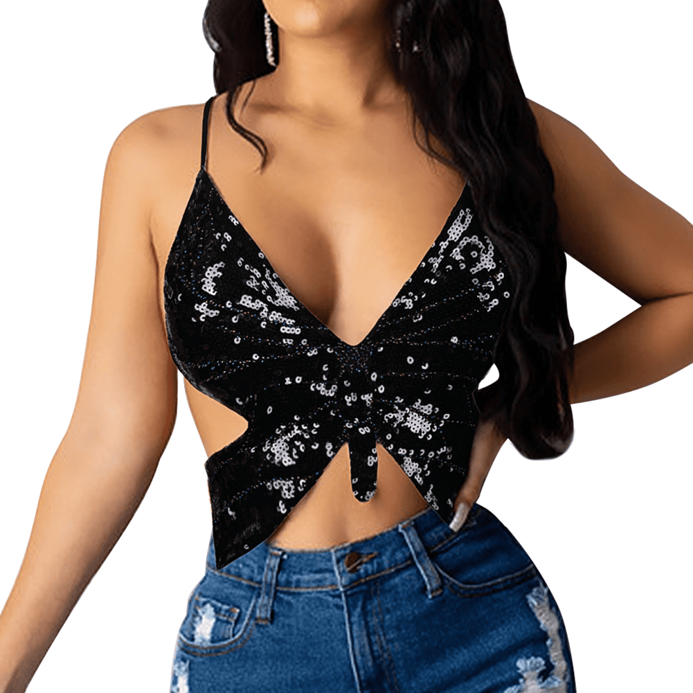 ♡まつりページ♡ PrettyGuide Women's Glitter Sequin Butterfly Top Sexy Halter Lace