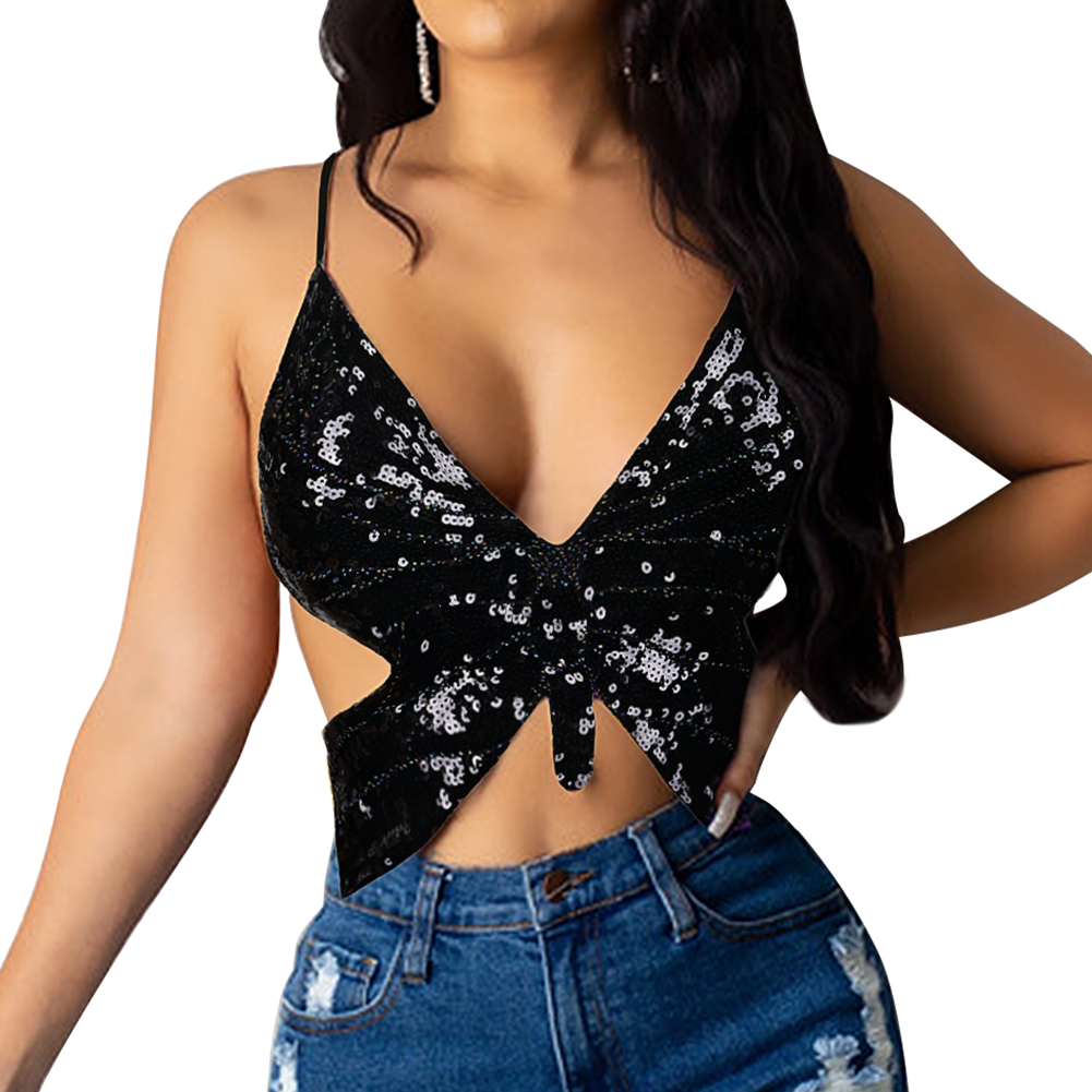Flyrose Womens Metallic Keyhole Cutout Backless Halter Festival Rave Crop Tu.