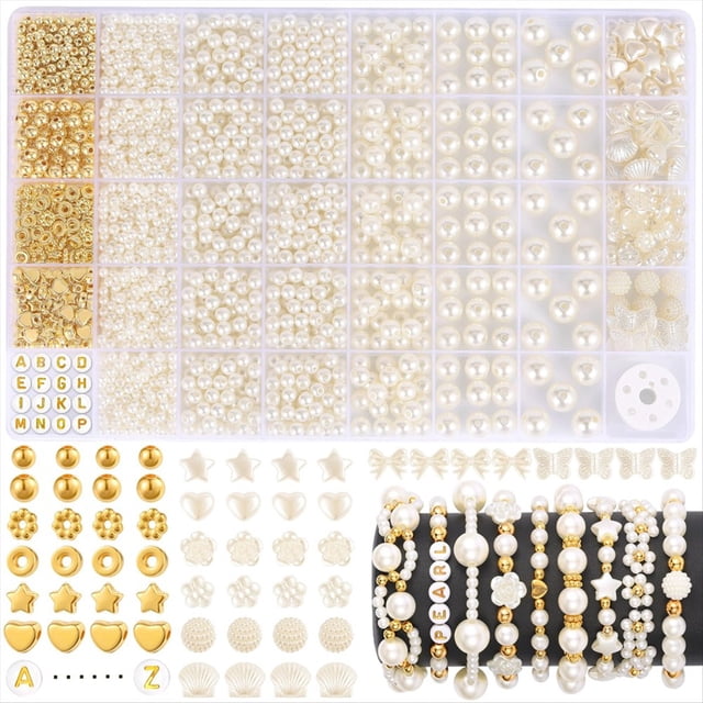 Kit para Hacer Pulseras de Cuentas de 1860 Piezas, 5 Tamaños de Cuentas Redondas de Perlas Blancas, Cuentas Surtidas para Hacer Joyas y Manualidades.
