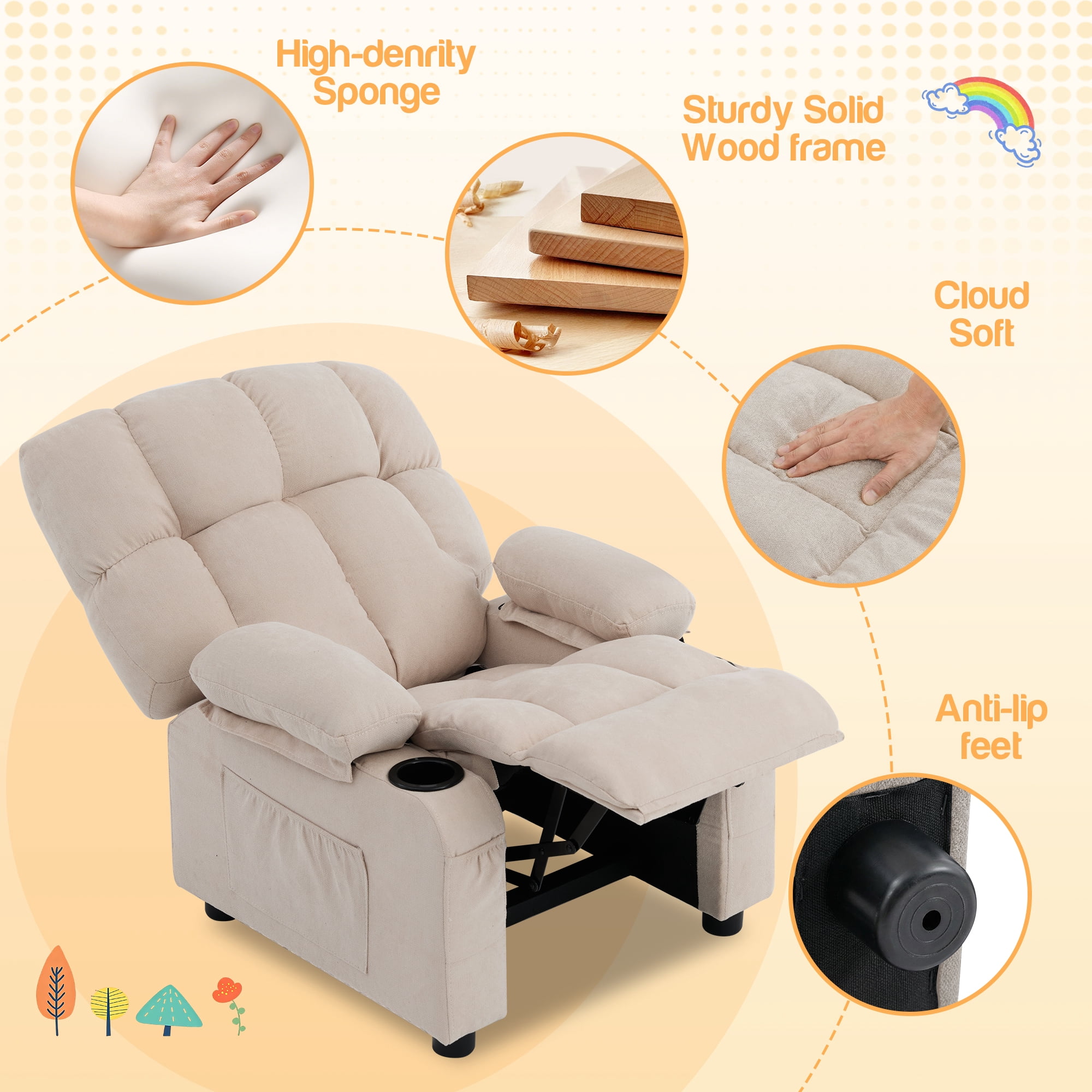 JONPONY Kids Recliner Chair,Push Back Toddler Recliner with Cup Holders & Side Pockets，Adjustable Footrest & Headrest Kids Sofa for Boys Girls 3+ Age Group，Children's Bedroom Furniture ，Beige