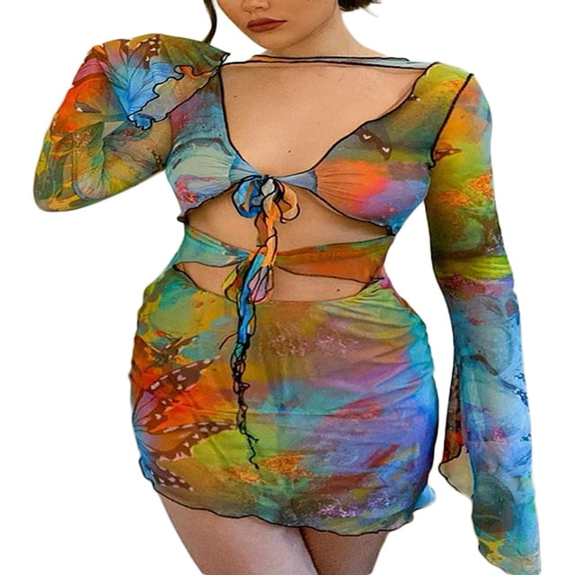 PENGXIANG Robe Mini Boho en Maille pour Femmes Imprimé Papillon Manches Longues Col en V Profond Robe Moulante à Lacets