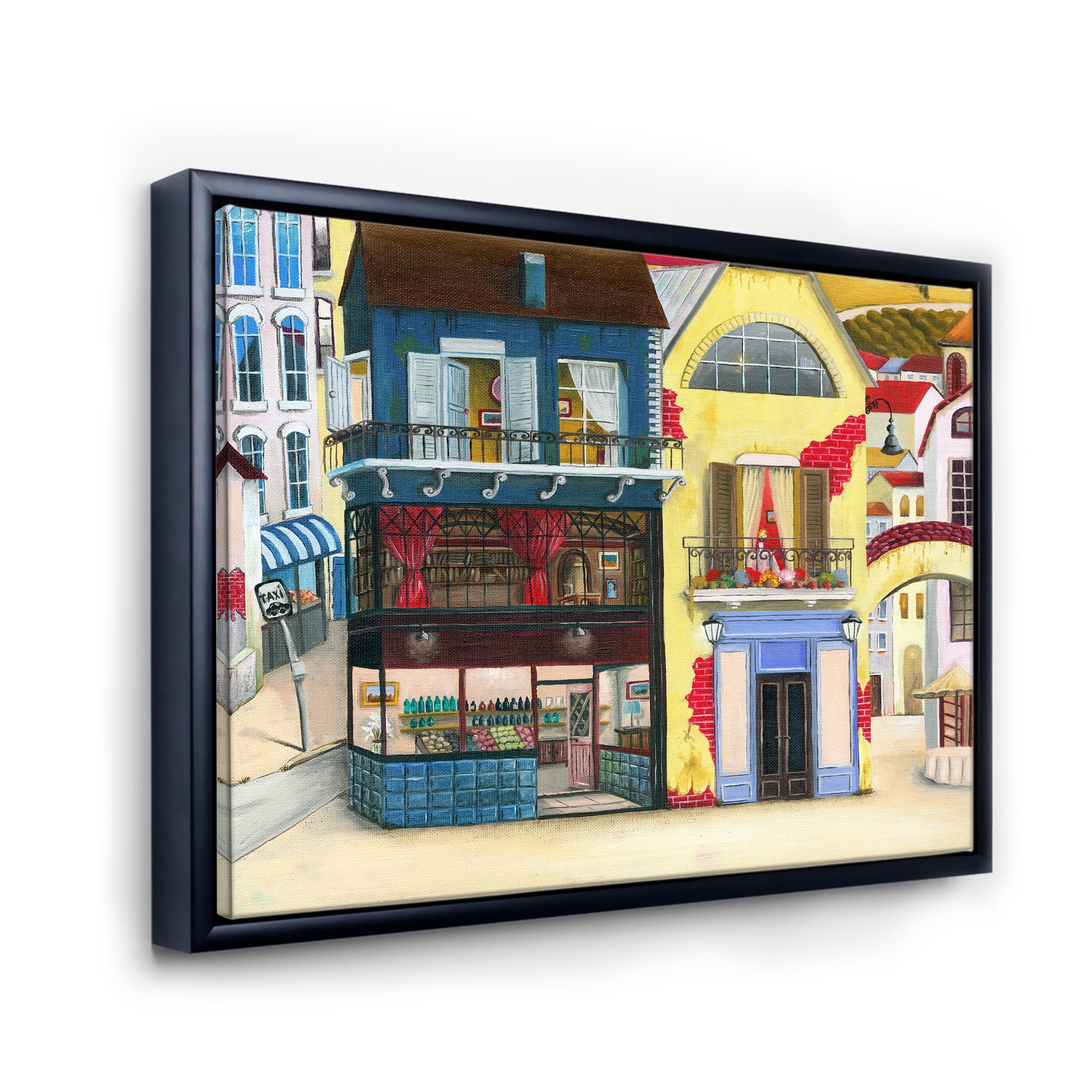 Designart 'The Colorful Facade of The Buildings In A Cozy Streets' French Country Framed Canvas Wall Art Print