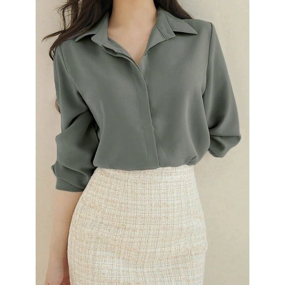 Women's Loose Fit Button Front Shirt Long Sleeve Collared Blouse Roll-Up Sleeve Top for Everyday Style
