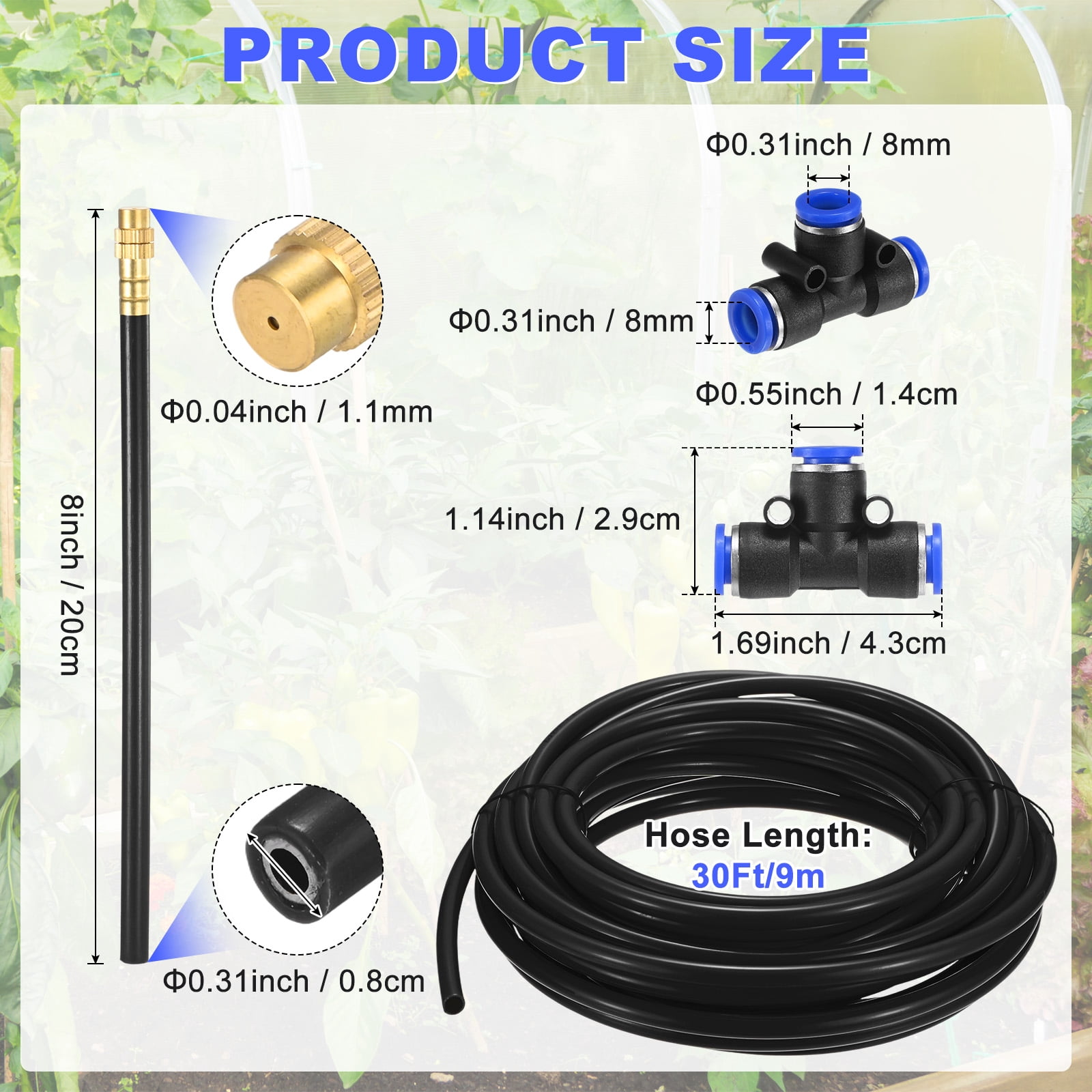 Uxcell 1-Set Drip Irrigation System, 30Ft 5/16" Hoses Garden Watering Misting System with 10pcs 360° Adjustable Copper Nozzles