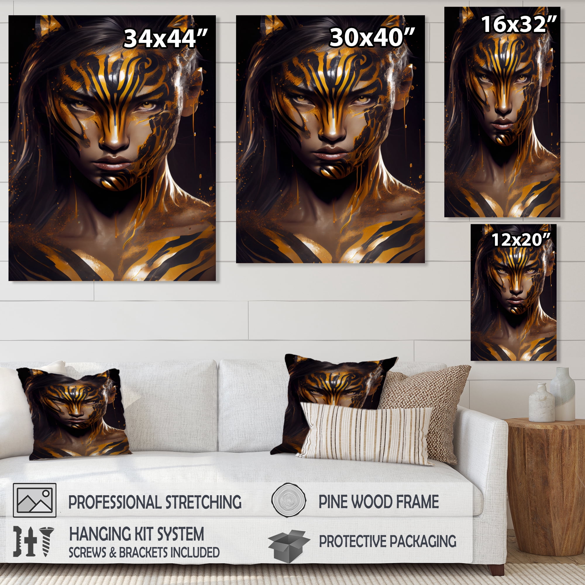 Designart Black And Gold Tiger Woman IV Canvas Wall Art