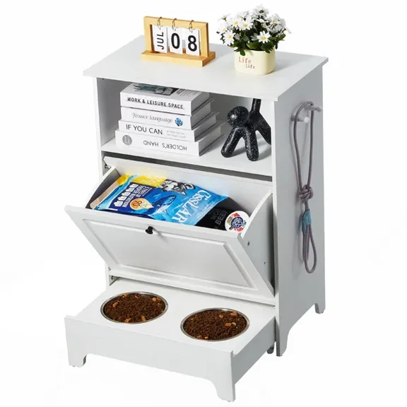 Pet Feeding Station with 2 Elevated Dog Bowls and Storage Cabinet for Food and Toys