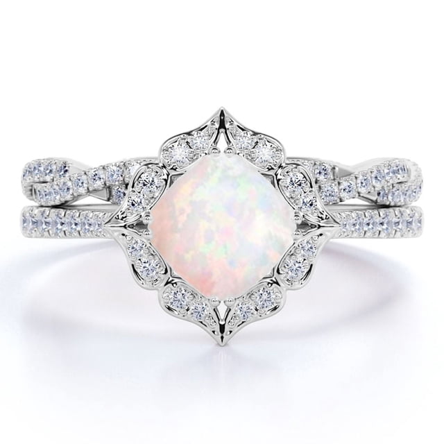 JeenMata Anillo Nupcial Vintage de 1,75 Uds con Ópalo de Fuego de Talla Princesa y Moissanita Engastado en Oro Blanco de 18 K sobre Plata
