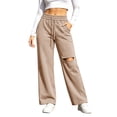thumbnail image 2 of Women's Wide Leg Sweatpants Drawstring Distressed Hole Design Straight Style Side Pockets Loose Streetwear Casual Athletic Trousers, Sweatpants Y2K Khaki XXL, 2 of 3
