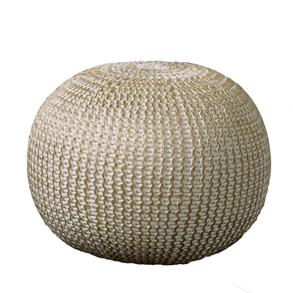 Laddha Home Designs 20" Gold and Ivory Hand Knitted Round Pouf Ottoman