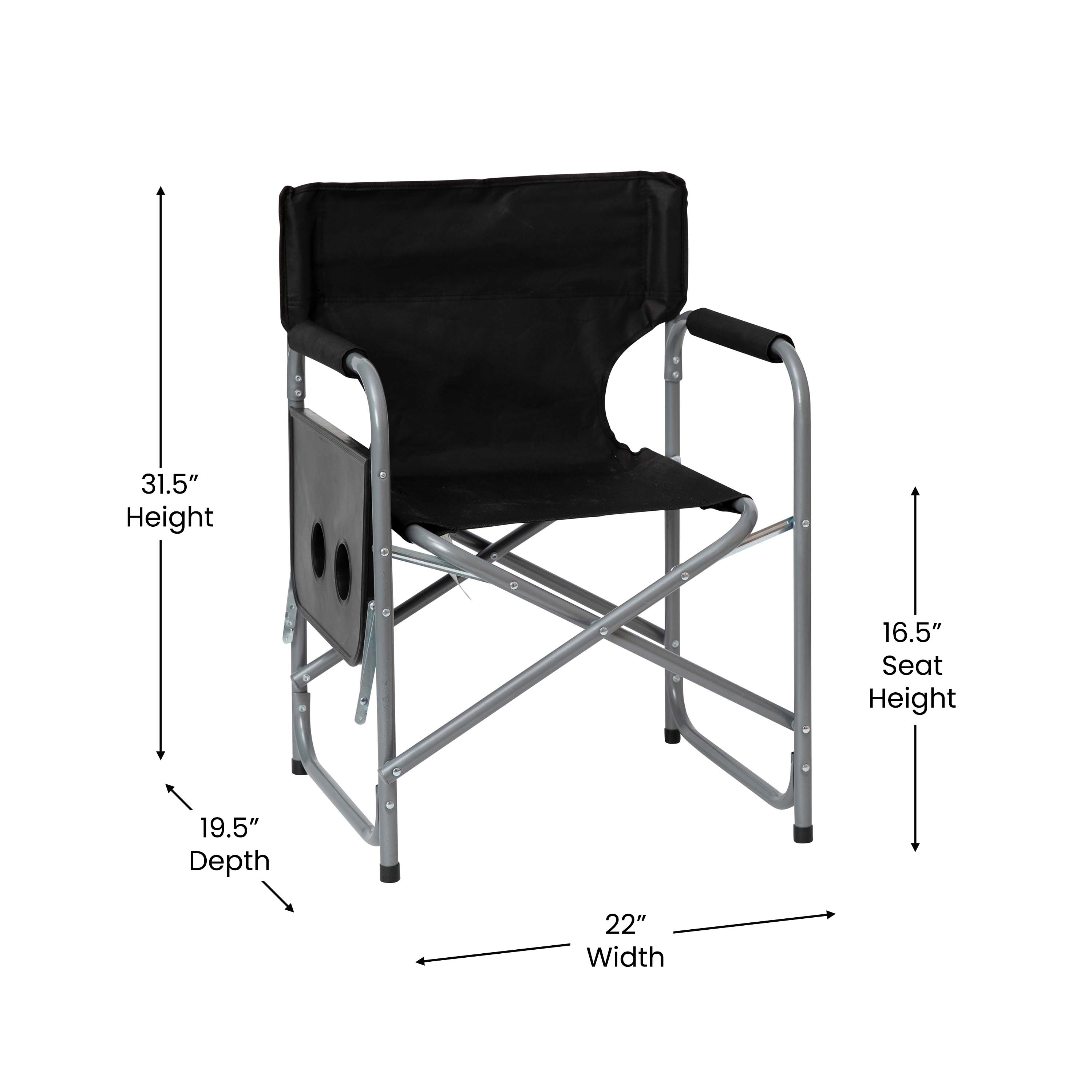 Emma + Oliver Black Canvas Folding Director's Chair with Gray Steel Tube Frame-Integrated Folding Side Table with Cupholders - image 5 of 12