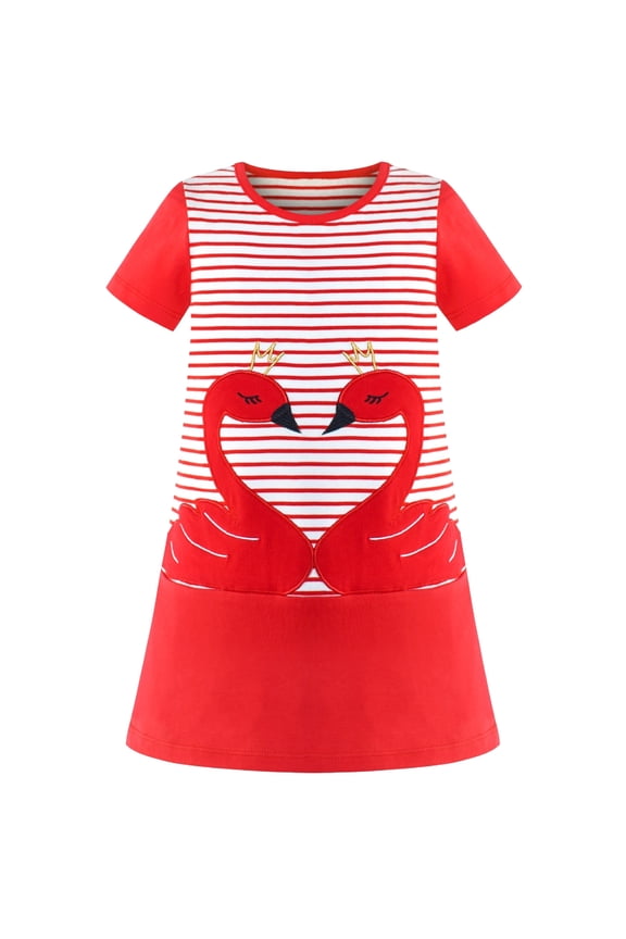 Girls Casual Dress Cotton Short Sleeve Swan Embroidered 2 Years