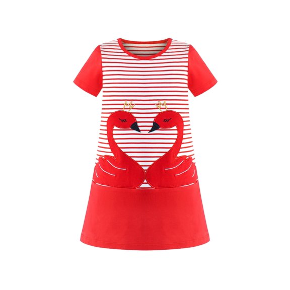 Girls Casual Dress Cotton Short Sleeve Swan Embroidered 2 Years
