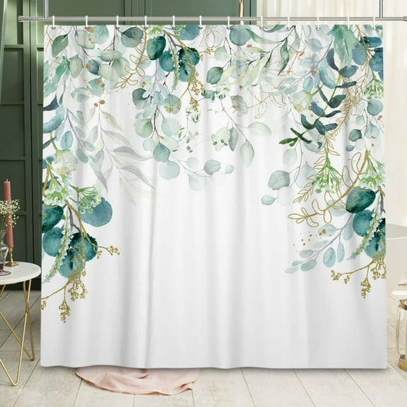 Green Eucalyptus Shower Curtain, Plant Leaf Herbs Spring Nature Waterproof Fabric Machine Washable with Hooks for Bathroom Bathtub Decor 72Wx84H